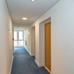 Modern apartment hallway with blue carpet and doors.