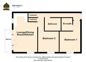 Two-bedroom flat floor plan with balcony.