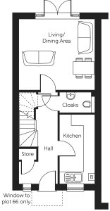 Ground floor home layout with kitchen and living area.