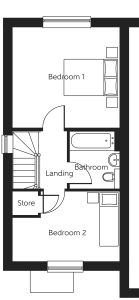 House floor plan with two bedrooms, bathroom, store.