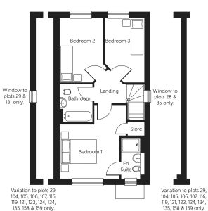 Floor plan with three bedrooms and two bathrooms.