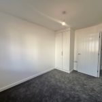 Empty white room with grey carpet and small wardrobe.