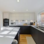 Modern kitchen with black and white cabinets