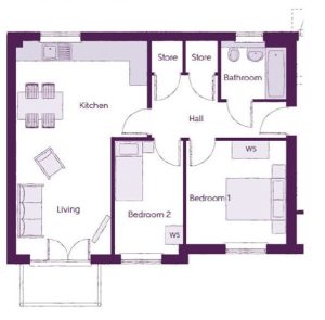 Two-bedroom house floor plan, includes kitchen and bathroom.