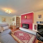 Cosy living room with red accent wall.