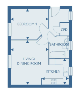One-bedroom flat floor plan with kitchen and bathroom.