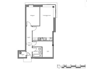 One-bedroom flat floor plan with study and storage