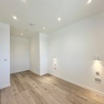 Minimalistic empty room with wooden flooring.