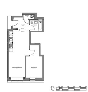 One-bedroom flat floor plan with kitchen and bathroom.