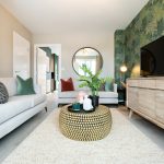 Stylish living room with flamingo artwork.
