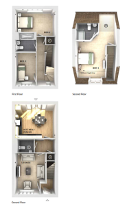 Three-storey house floor plan layout overview.