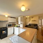Open-plan kitchen with sofa and dining area.