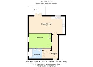 Ground floor layout with balcony and bedroom.