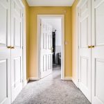 Hallway with white doors and grey carpet