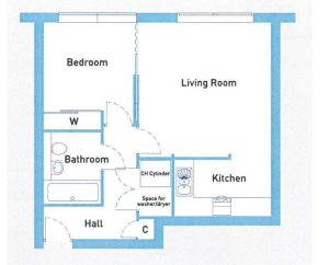 One-bedroom flat floor plan with bathroom and kitchen.