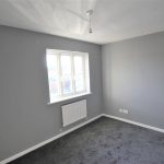 Empty grey room with window and carpeted floor