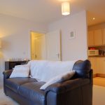 Cosy living room with leather sofa and kitchen