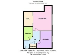 Ground floor layout with kitchen, lounge, bedroom.