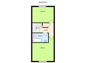 Second floor plan with two bedrooms, bathroom.