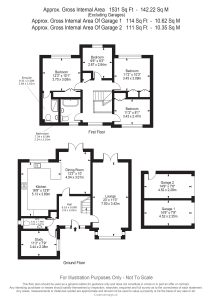 Two-storey four-bedroom house floor plan with garage dimensions.