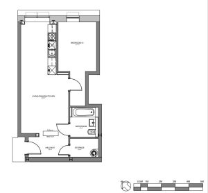 One-bedroom flat floor plan with bathroom and kitchen.
