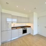 Modern kitchen with white cabinets and wooden floor.
