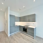 Modern white and grey minimalist kitchen design.