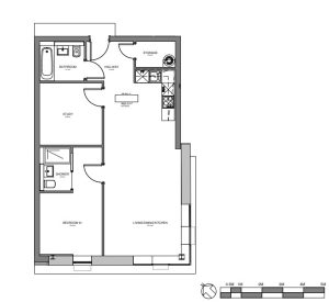 Flat floor plan with kitchen, bedroom, bathroom, study.