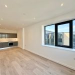 Modern open-plan kitchen with large window view.