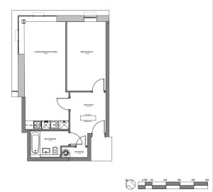 One-bedroom flat floor plan with measurements scale.