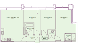 Three-bedroom flat floor plan with rooms labelled.