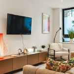 Modern living room with plants and TV.