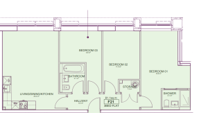 Three-bedroom flat floor plan with dimensions.