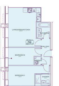 Floor plan of two-bedroom flat, labelled rooms.