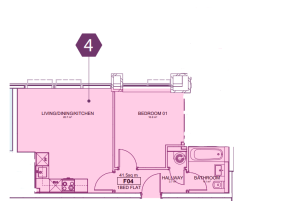 One-bedroom flat floor plan layout.