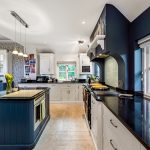 Modern kitchen with white cabinets and island.