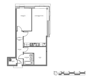 One-bedroom flat floor plan with study and kitchen.