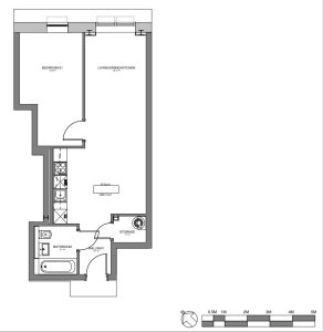 One-bedroom flat floor plan with bathroom and kitchen.