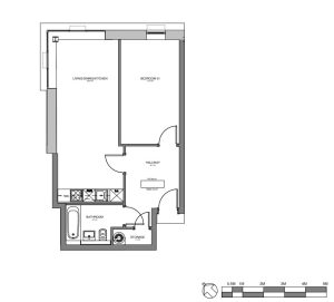 One-bedroom flat floor plan with dimensions.