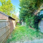 Backyard garden with trees and wooden fences.