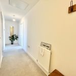 Bright hallway with plant and wall mirror.