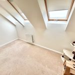 Bright attic room with skylights and beige carpet.