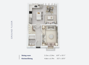 Ground floor layout with kitchen and sitting room.