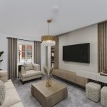 Modern living room with beige furniture and large TV.
