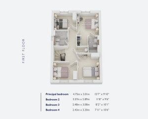 First floor plan showing four bedrooms and bathrooms.