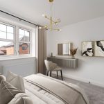 Elegant bedroom with modern decor and neutral tones.