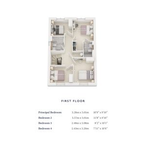 First floor plan with four bedrooms.
