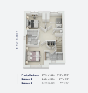 First floor plan with bedroom measurements.