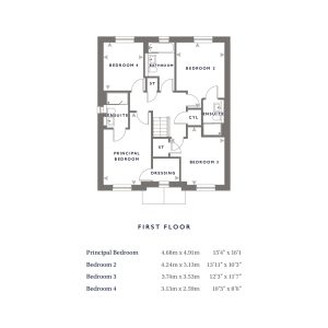 House first floor plan with bedroom sizes.
