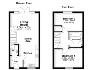 Two-storey house floor plan with room measurements.